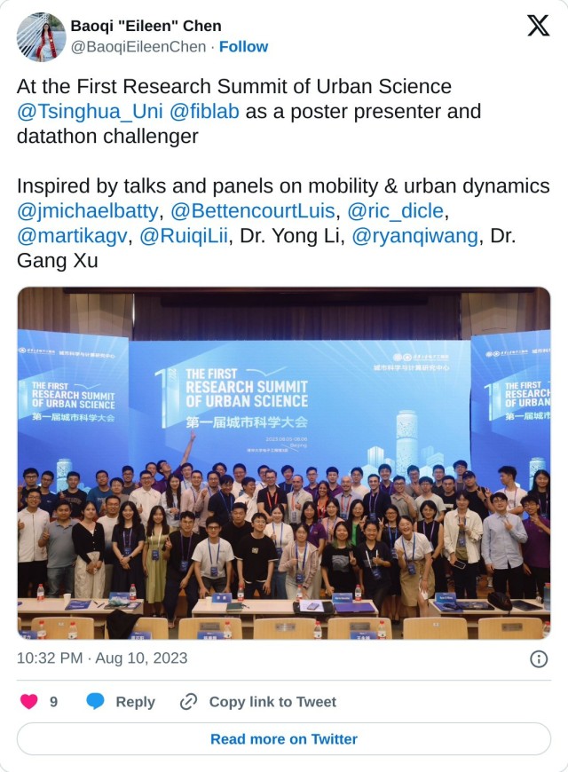 At the First Research Summit of Urban Science @Tsinghua_Uni @fiblab as a poster presenter and datathon challenger

Inspired by talks and panels on mobility & urban dynamics @jmichaelbatty, @BettencourtLuis, @ric_dicle, @martikagv, @RuiqiLii, Dr. Yong Li, @ryanqiwang, Dr. Gang Xu pic.twitter.com/2SZY27wzH6

— Baoqi "Eileen" Chen (@BaoqiEileenChen) August 10, 2023