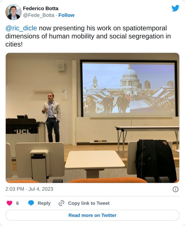 @ric_dicle now presenting his work on spatiotemporal dimensions of human mobility and social segregation in cities! pic.twitter.com/aHIo1xHwzQ

— Federico Botta (@Fede_Botta) July 4, 2023