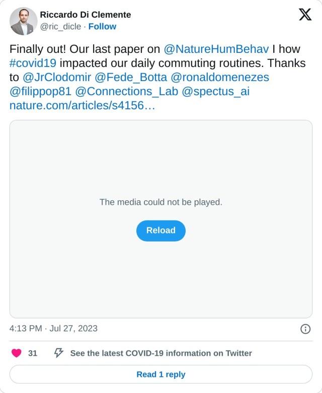Finally out! Our last paper on @NatureHumBehav I how #covid19 impacted our daily commuting routines. Thanks to @JrClodomir @Fede_Botta @ronaldomenezes @filippop81 @Connections_Lab @spectus_ai https://t.co/zpWFZ47WTO pic.twitter.com/3OoeYFR7ZX

— Riccardo Di Clemente (@ric_dicle) July 27, 2023