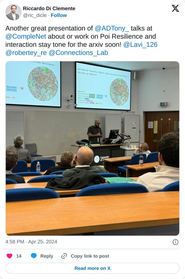 Another great presentation of @ADTony_ talks at @CompleNet about or work on Poi Resilience and interaction stay tone for the arxiv soon! @Lavi_126 @robertey_re @Connections_Lab pic.twitter.com/N156921ckF

— Riccardo Di Clemente (@ric_dicle) April 25, 2024