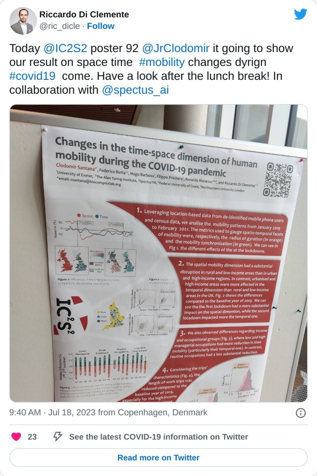Today @IC2S2 poster 92 @JrClodomir it going to show our result on space time #mobility changes dyrign #covid19 come. Have a look after the lunch break! In collaboration with @spectus_ai pic.twitter.com/0CGNPB32Ig

— Riccardo Di Clemente (@ric_dicle) July 18, 2023