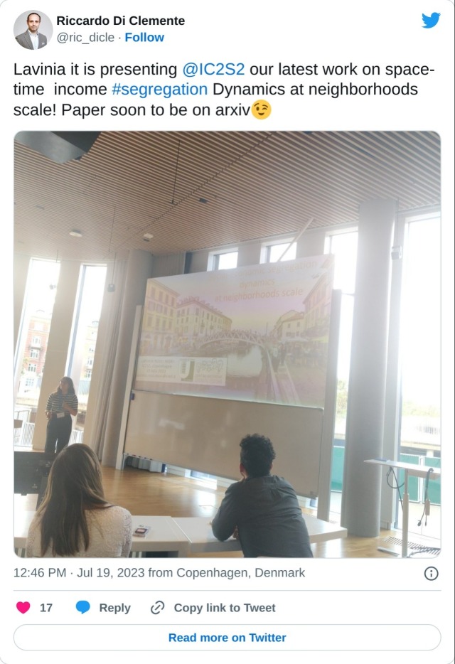 Lavinia it is presenting @IC2S2 our latest work on space-time income #segregation Dynamics at neighborhoods scale! Paper soon to be on arxiv😉 pic.twitter.com/Zi03hT5y4J

— Riccardo Di Clemente (@ric_dicle) July 19, 2023